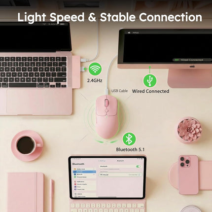RK ROYAL KLUDGE MO1 Wireless Mouse, 55g Ultra-Lightweight Computer Mice, 6 Programmable Buttons, 2.4GHz/Bluetooth/Wired, 6000 DPI Optical Sensor, Pink