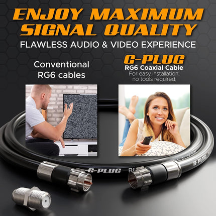 G-PLUG 1FT RG6 Coaxial Cable Connectors Set - High-Speed Internet, Broadband and Digital TV Aerial, Satellite Sky Cable Extension- Weather-Sealed Double Rubber O-Ring and Compression Connectors Black