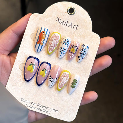 24Pcs Summer Press on Nails Medium Almond Fake Nails 3D Cute Fish Lemon False Nails Reusable Bohemia Designs French Tip Acrylic Nail Summer Fruit Full Cover Stick on Nails for Women Nail Supplies