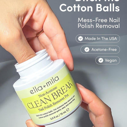 ella+mila Clean Break Non-Acetone Nail Polish Remover Pot - Acetone Free Gentle Polish Remover Dip Jar with Sponge for Fingers & Toes - Travel Size, Light Cotton Candy Scent (2 fl oz)