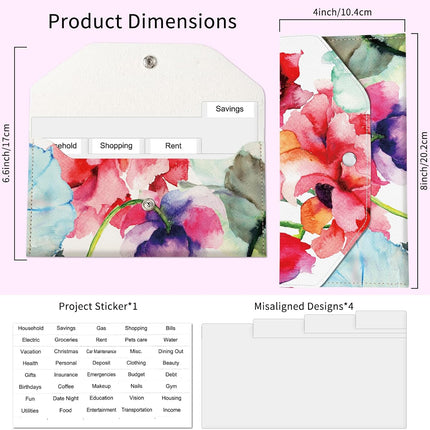 PU Leather Cash Envelopes Wallet, Reusable Money Savin Wallet, Cute Budget Envelope with 4 Dividers & 1 Sheets Budget Labels Bright Watercolor Floral