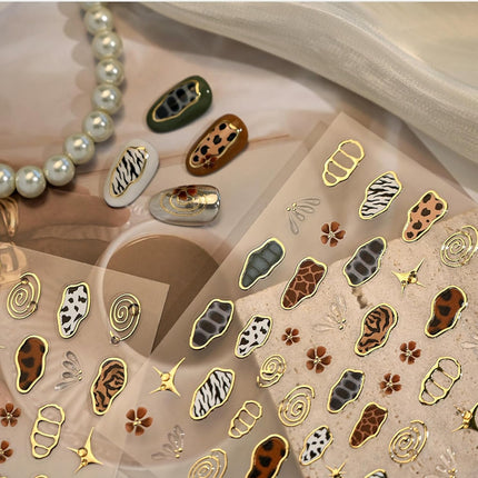 French Leopard Print Nail Art Stickers Chromatic Gold Nail Decal 5D Embossed Irregular Geometric for Sticker Nail Art Jelly Butterfly Wings Nail Supply for Women Girl DIY Manicure Decoration 1Pc
