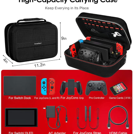 iVoler Carrying Storage Case for Nintendo Switch/Switch OLED Model (2021), Portable Travel All Protective Hard Messenger Bag Soft Lining 18 Games for Switch Console Pro Controller & Accessories Black