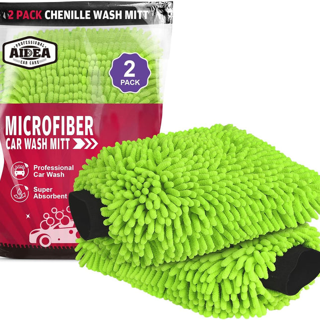 Microfiber Chenille Car Wash Mitts, Green 2-Pack