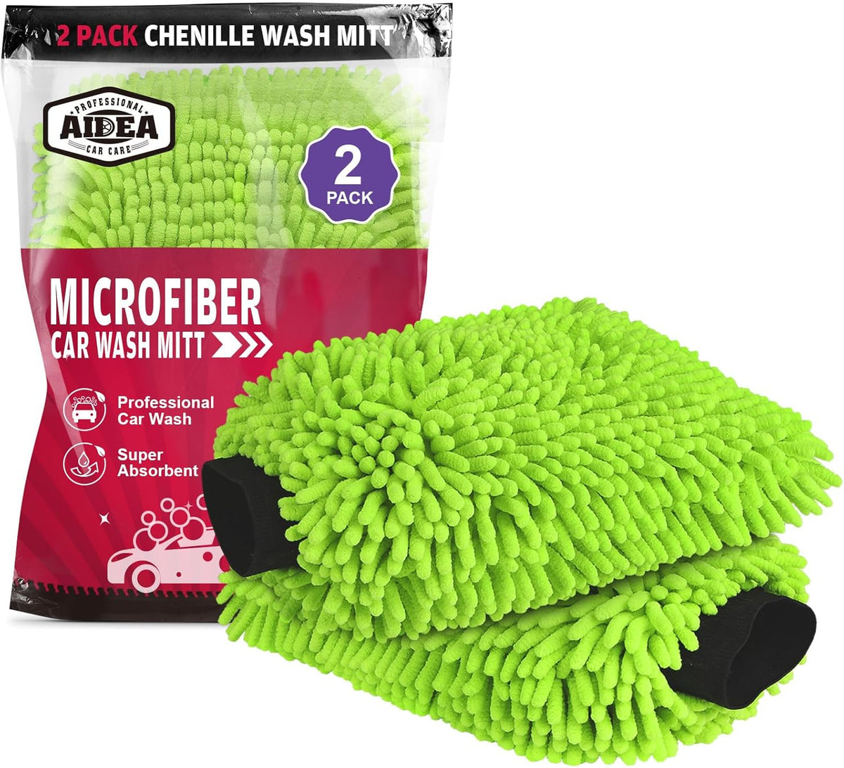 Microfiber Chenille Car Wash Mitts, Green 2-Pack