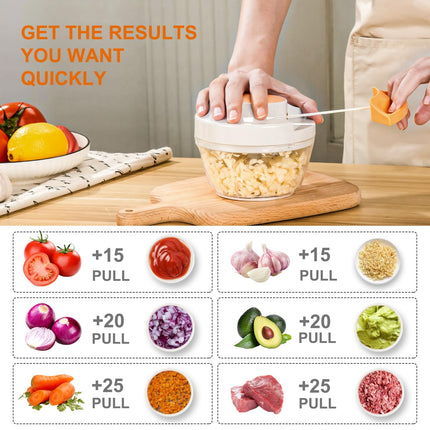 Manual Food Processor & Vegetable Chopper, Hand Pull String Garlic Mincer Onion Chopper Dicer for Salsa Pesto Guacamole, 3 Stainless Steel Blades, 500ml White