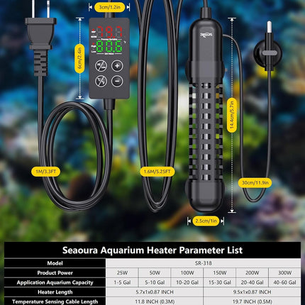 SEAOURA Small Aquarium Heater, 50W Mini Fish Tank Heater 5-10 Gallon, Adjustable Submersible Turtle Betta Heater with External Digital Display Intelligent Safety Protection for Fresh/Saltwater