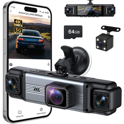 Dash cam de 4 canales 360° frontal, trasera e interior, tarjeta de 64GB incluida