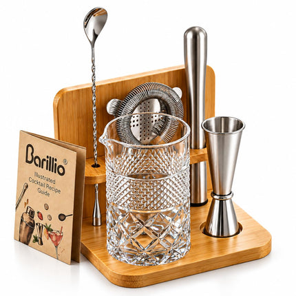24 Oz Crystal Cocktail Mixing Glass with Bamboo Stand & Bar Tools | Seamless Lead-Free Crystal, Weighted Base Stirring Pitcher | Including Muddler, Mixing Spoon, Jigger and Strainer