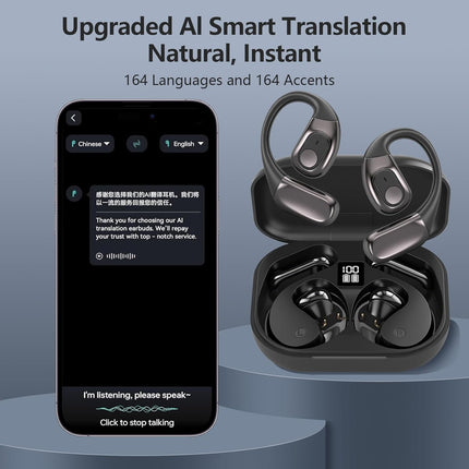 AI Translation Earbuds Real Time, 3-in-1 Translator Earbuds 164 Languages & Accents, Audifonos Traductores Inglés Español,Open Ear Wireless Headphones with Charging Case fit iOS & Android Black