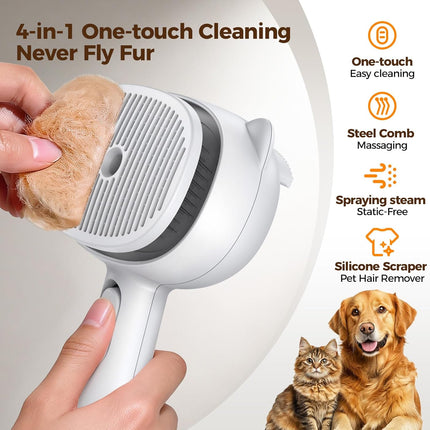 Self Cleaning Shedding Steam Cat Brush, Silicone Scraper Included Dog Brush, Adorable Bear Design, primecat, Cat Brushes for Shedding, USB Rechargeable, for Grooming & Haired Pets, Dogs & Cats, White