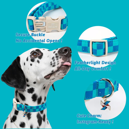 Maca Bates Checkered Basic Dog Collar with Windmill Charm Turquoise and Royal Blue Checkerboard Pattern for Small Girl Boy Dogs,Adjustable Durable Soft Plaid Collars Gift for Male Female Puppy