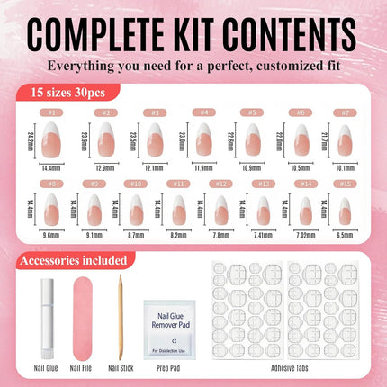 French Tip Press on Nails Medium Almond, Soft Gel Glossy Fake Nails Press on with Glue, 30Pcs Reusable Stick on Nails in 15 Sizes, Salon Quality False Nails for Women Spring Vacation DIY Gift