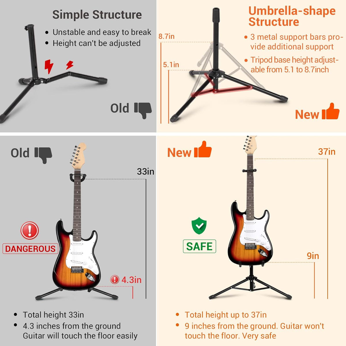 Guitar Stand Floor - Folding Universal Guitar Holder for Acoustic Electric Guitars Bass Guitar Adjust - photo 3