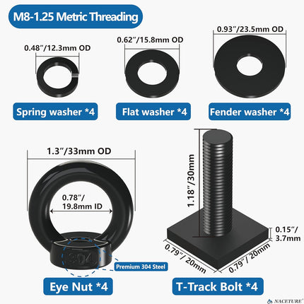 NACETURE M8 T Track Bolts Eye Bolt Tie Down Anchors, Stainless Steel 304 T Slot Hardware with Ring, Heavy Duty Roof Rack Accessories for Cargo Tie Down, Truck Bed (Black M8 30mm 4 Pack)