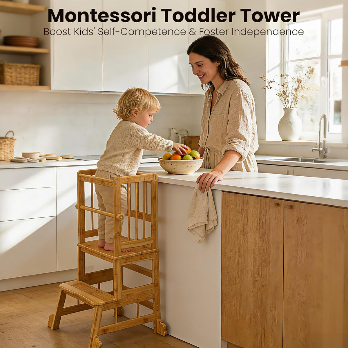 Kids Bamboo Kitchen Step Stool with Safety Rails & Anti-Slip Feet - photo 5