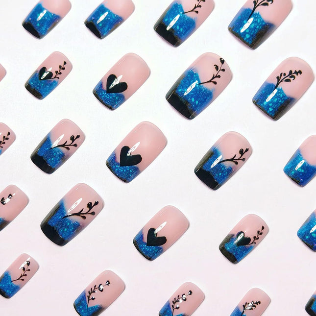 24 Pcs Blue Gradient French Tip Press on Nails Short Square Shaped False