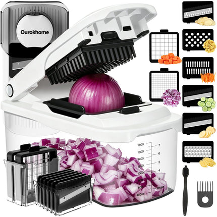 Vegetable Chopper with Container, 8-Blade Onion Chopper & Mandolin Slicer, 2-Lid Food Dicer with Safety Lock, Veggie Shredder Grater for Kitchen Meal Prep, Kitchen Gadgets (8 in 1, Gray)