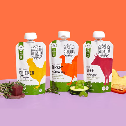 Serenity Kids 6+ Months Baby Food Pouches - Nutrient-Packed Organic Baby Food with 5g Protein - Savory Meat & Herb Toddler Pouches - 3.5 Oz, Pack of 6