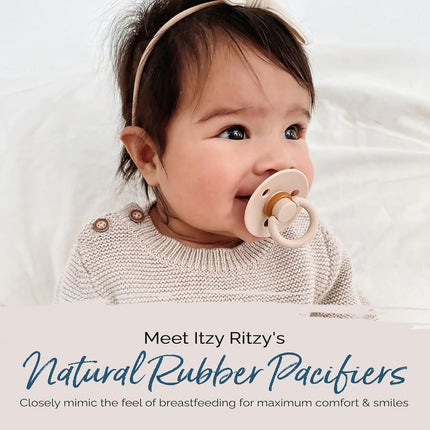 Itzy Ritzy Natural Rubber Newborn Pacifiers – Baby Pacifiers with Cherry-Shaped Nipple & Large Air Holes for Added Safety - Set of 2 Binkies in Coconut & Toast (Ages 0 – 6 Months)
