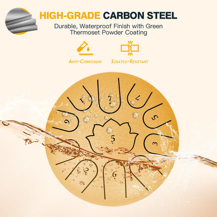Rain Drum for Outside Garden,6 Inch 11 Note 440Hz Steel Tongue Drum C Major, Steel Drum for Kids & Adults, Music Education & Meditation Drum for Patio&Backyard, with Mallets, Bag & Book(Gold)