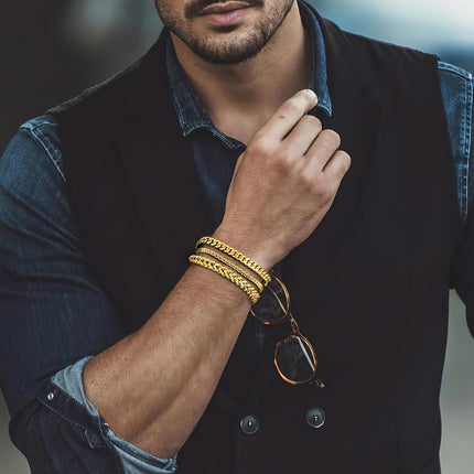 Silver and Gold Bracelet for Men, Cuban Chain Bracelet Set Water Proof Stainless Steel Bracelet for Him, Adjustable Gold Link Men Braclet as Easter Basket Stuffers for Boyfriend, Dad and Son