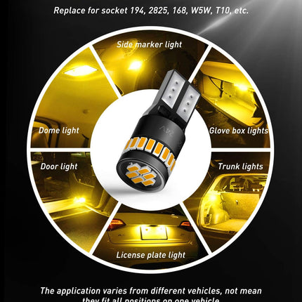 AUXITO 194 LED Light, Amber Yellow 168 2825 W5W T10 Wedge LED Replacement Light Kit Error Free for Car Dome Map Door Parking License Plate Marker Lights, Pack of 10