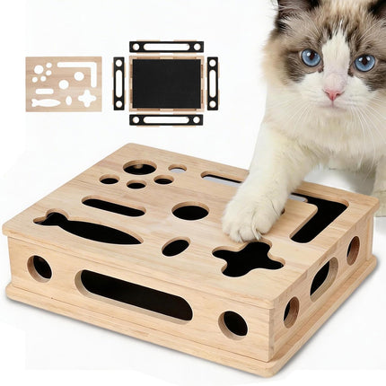 Cat Scratch Puzzle Enrichment Box, Smooth Solid Wood Cat Nail File Enrichment Box with Built-in Sandpaper, Cat Nail File Box Stress Free Alternative to Clippers & Grinders(No Bell Ball) (Large)