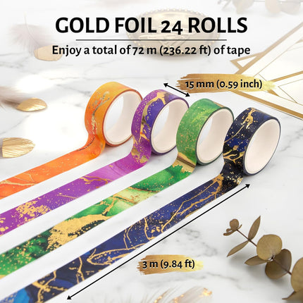 NANYNNU Gold Washi Tape Set - 24 Rolls Metallic Foil Marbling Washi Tape, Decorative Washi Tapes for Junk Journal Supplies, Bullet Journal Supplies, DIY Crafts, Scrapbooking, School Supplies