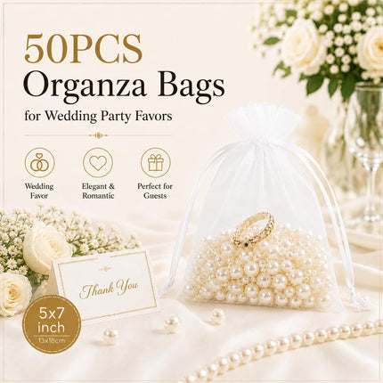 50PCS Organza Bags 5 x 7, White Small Gift Mesh Bags Drawstring Bulk