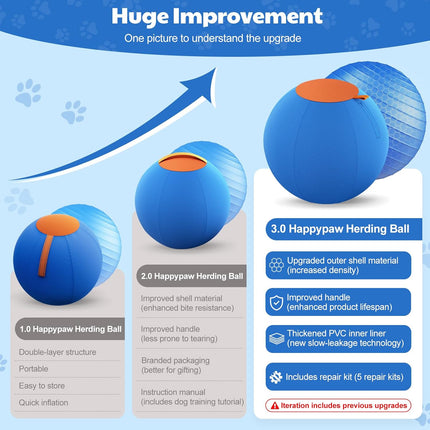 Happypaw 3.0 Upgrade 18'' Herding Ball for Dogs – Enhanced Chew Resistance & Heavy-Duty Material,Dog Toy Agility Equipment for Australian Shepherds,Collies,Includes 5 Repair Patches