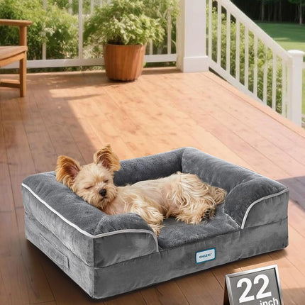 OhGeni Orthopedic Dog Bed Couch Cat Sofa for Small Sized Pets with Memory Foam, Machine-Washable Waterproof Removable Cover, Soft Comfortable Fabric, 22-inch (Gray)