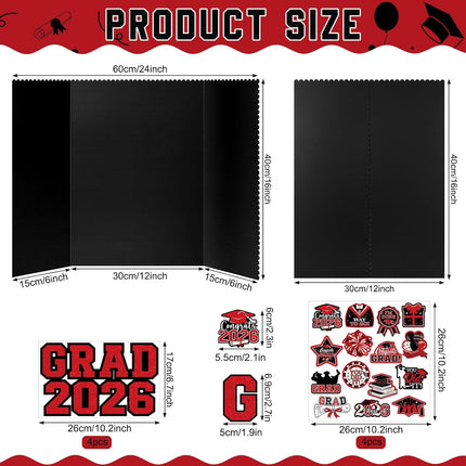 4 Set Graduation Photo Display Board, Class of 2026 Black Red Trifold Poster Board with Grad Pattern Stickers, Graduation Photo Props Collage for Multiple Pictures Party Decorations, 16x24 Inch