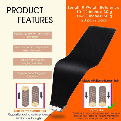 18-Inch Jet Black Remy Human Hair Tape-In Extensions - photo 2