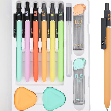 Ddaowanx Mechanical Pencil Set, 6PCS Art Mechanical Pencils 0.5 & 0.7mm with 4 Boxes HB Leads, 2PCS Erasers and 10PCS Eraser Refills, Gifts for Teen Girls, School Supplies (6PCS 0.5 + 0.7 mm)