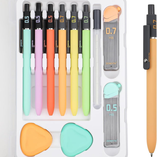 Mechanical Pencil Set, 6PCS Art Mechanical Pencils 0.5 & 0.7mm with 4 Boxes HB Leads, 2PCS Erasers and 10PCS Eraser