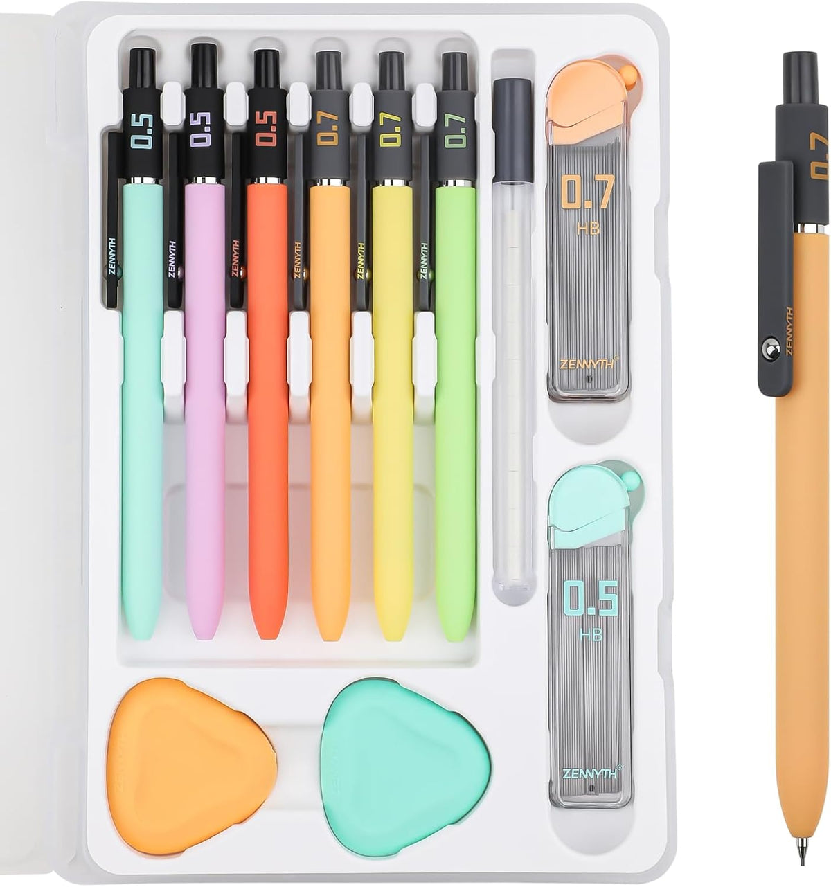 Mechanical Pencil Set, 6PCS Art Mechanical Pencils 0.5 & 0.7mm with 4 Boxes HB Leads, 2PCS Erasers and 10PCS Eraser