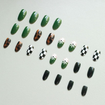 Spring Press on Nails Medium Oval Fake Nails Tortoiseshell False Nails Press ons with Flower, Checkered Design,Cute Reusable Artificial Nail Full Cover Stick on Nails for Women Manicure 24Pcs