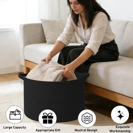 65L Extra Large Woven Cotton Rope Blanket Basket with Handles, Laundry Hamper Storage Bin for Pillows, Comforters,Clothes, Toys, Nursery, Bedroom and Living Room Organization,Black