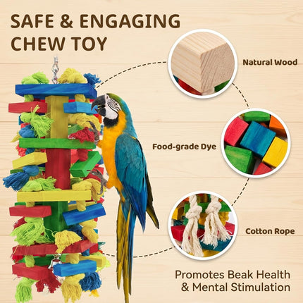 Large Parrot Toys Natural Wood Bird Toy Multicolored Chewing Gifts for Large Medium Macaws, African Grey, Parakeets and Amazon Parrots