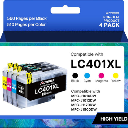 LC401 Ink Cartridges for Brother Printer High Yield 4-Pack Replacement for Brother LC401 Ink Cartridges LC401 XL Work with MFC-J1010DW MFC-J1170DW MFC-J1012DW MFC-J1800DW Black Cyan Magenta Yellow