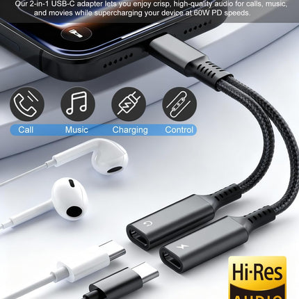 USB C Splitter, Dual USB C Headphone and Charger Adapter, 1 in 2 Out Type C Audio Jack Dongle with PD 60W Fast Charging Cable for iPhone 17 16 15 Pro Max, iPad, Samsung Galaxy S25 S24 Ultra More USBC