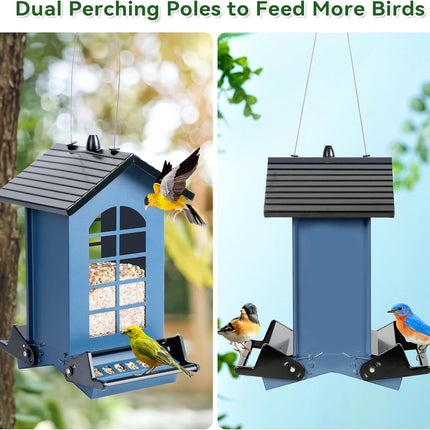 2025 Squirrel Proof Bird Feeder for Outdoors Hanging, 8LBS Metal Hanging Bird Feeder with Bilateral Weight-Activated Perches, Large Capacity Wild Bird Feeder - Squirrel Chewing Proof（Blue）