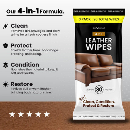 EVEO Leather Cleaner Wipes 4-in-1 Leather Cleaner and Conditioner for Furniture - Leather Couch Cleaner, Car, Shoes & Purses – UV Protection, XL Moistened Wipes Restore & Protect – 3 Pack (90 Total)
