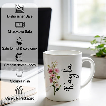 Custom Coffee Mug with Birth Flower & Name - 11oz Large Ceramic Personalized Coffee Cup for Women, Pretty Floral Tea Mugs Gift for Mom Wife Grandma Daughter Sister Coworker Best Friend Birthday