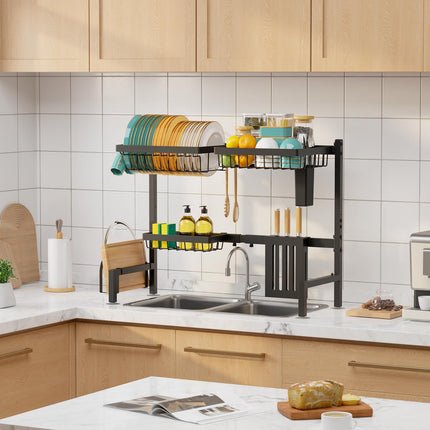 Over The Sink Dish Drying Rack - Adjustable 2 Tier Large Capacity Stainless Steel Drainer with Cutlery & Utensil Holders, Kitchen Storage & Organization, 30"-33.9" L x 11" W x 21.5" H, Black