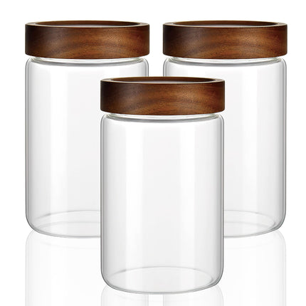 28 fl oz/850 ml Clear Glass Storage Canister with Airtight Wooden Screw Lid, Medium Cute Decorative Glass Container Jar for Coffee,Candy,Salt,Cookie,Condiment,Pepper,Sugar,Overnight Oatmeal