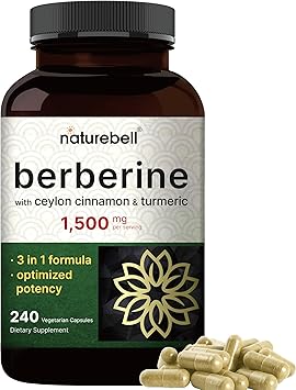 NatureBell Berberine 1500mg with Ceylon Cinnamon and Turmeric, 240 capsules bottle