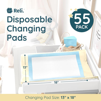 Disposable Changing Pads for Baby (55 Pack) | Disposable Diaper Changing Pads, 13" x 18" | Super Absorbent, Leak-Proof Liners | Waterproof, Quick Dry Underpads (Blue/White)