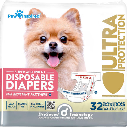 Paw Inspired Disposable Dog Diapers, Female Dog Diapers Ultra Protection, Diapers for Dogs in Heat, Excitable Urination, or Incontinence, XXS 32 Count